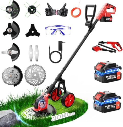 12-Inch Cordless Strimmer with Wheels, Electric Garden Trimmer with 2 x 3.0Ah Battery and Charger, Brushless Motor, 4 in 1 Telescopic Lightweight Garden Strimmer for Lawn, Mowing, Edging, Garden
