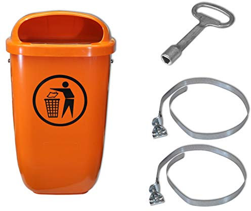 SULO Original Set Abfallbehälter Papierkorb mit Regenhaube | Der Klassiker Made in Germany | 50 Liter | Orange | Mit 2 Befestigungsschellen & 1 Dreikantschlüssel | H740xB432xT256mm