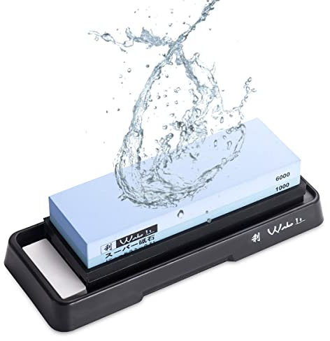 Wakoli Messer Schleifstein 1000er und 6000er Körnung (beidseitig) I Messerschärfer Set - Wetzstein zum Schärfen von Damast und Stahl Messern I Abziehstein mit Kunststoff Halterung