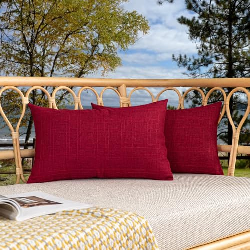 Kevin Textile Valentines Outdoor Waterproof Throw Pillow Covers Pack of 2 Decorative Square Outdoor Checkered Pillows Cushion Case Patio Pillows for Couch 12x20 inches 30x50 cm Red