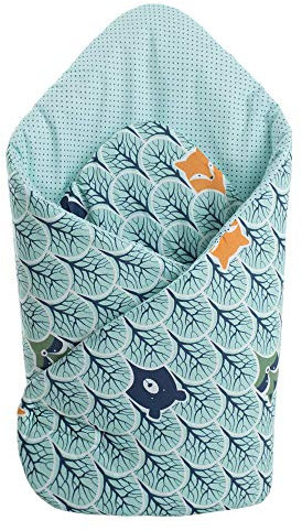 Medi Partners Steckkissen 100% Baumwolle 75x75cm Einschlagdecke Babyhörnchen doppelseitig weich ganzjährig multifunktional antiallergisch Babys (Bear im Wald mit minzen Punkten)
