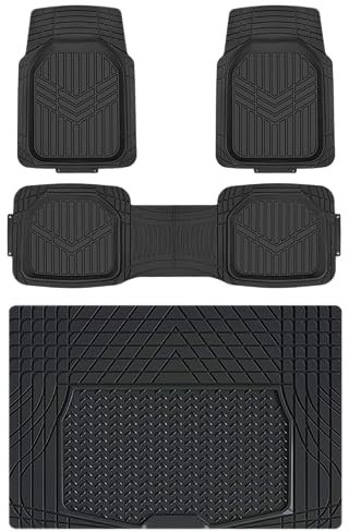 Amazon Basics Deep Dish Universal Heavy Duty PVC Floor Mats Set 4 piece with Cargo Liner, All-Weather Protection waterproof Trim To Fit for Cars, Automotive, SUVs, Sedan, Trucks, Black