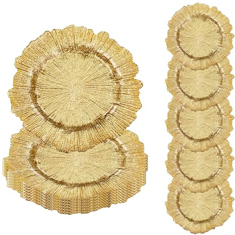 WedDecor Charger Plates 33cm Gold with Vintage Design, 12pcs | Centerpiece Polypropylene Presentation Plate Set Dinner Table Decorations Weddings Christmas Dining Parties Tableware