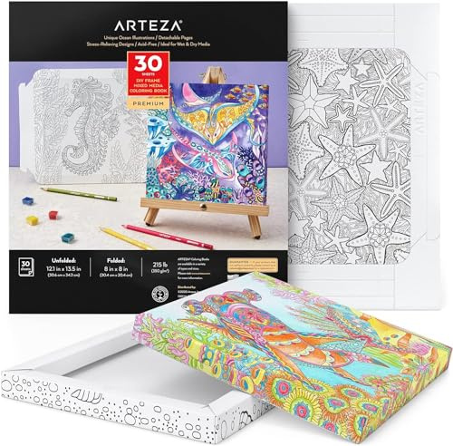 Arteza Malbuch für Erwachsene, 30,6 x 34,2 cm, 20,4 x 20,4 cm gefaltet, 30 Blätter, Ausmalbuch mit Meeresillustrationen, 350 g/m² Papier, DIY-Malvorlagen zur Entspannung