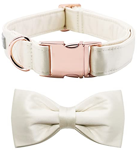 Lionet Paws Hundehalsband mit Fliege - komfortable Seide weiß Hochzeit Hundehalsband mit abnehmbaren Fliege für kleine Hunde, Hals 25-40cm