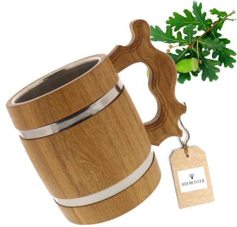 HOFMEISTER® Bierkrug Metallring Eiche robust - Stabiler Maßkrug mit Metallfassung und Metalleinsatz, kein Plastik im Glas, Geschenk, rustikales Biergefäß, 100% Naturprodukt, 0,5 Liter
