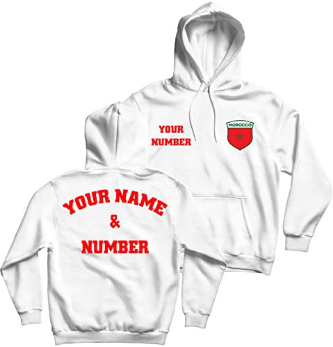 lepni.me Kapuzenpullover Marokko Fußball Sweatshirt mit Ihrem Namen und Nummer | Marokkanische Flagge Abzeichen Personalisierte Trikot WM 2022 (3XL Weiß Mehrfarben)