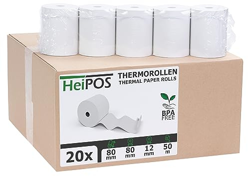 HeiGroup HeiPOS 20x Thermorollen 80mm x 80m x 12mm (Ø 80mm) - Kassenrollen für Epson TM-T88, Star, Citizen, Metapace & Bondrucker - BPA-frei - 80x80x12