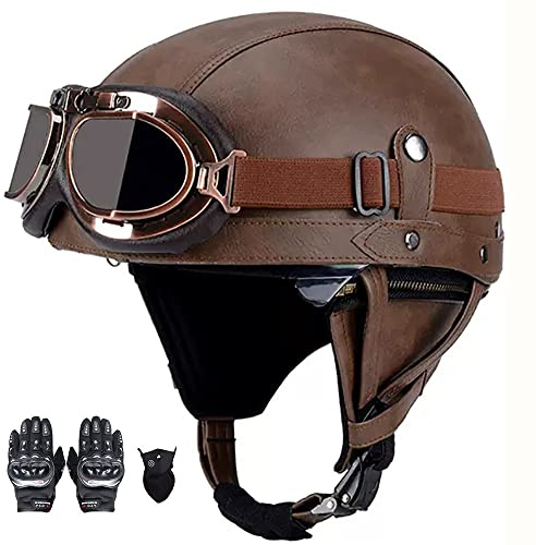 Motorcycle Half Helmet, Retro Jet Helmet + Goggles, Adjustable Size, Comfortable Liner, DOT/ECE Approved Open Face Helmet for Men And Women, for Cruiser, Moped, Scooter (54~61CM)