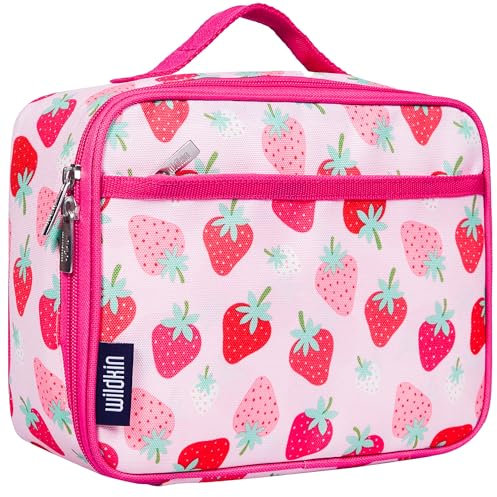 Wildkin Lonchera aislada para niños y niñas, reutilizable, perfecta para primaria, tamaño ideal para empacar aperitivos fríos o calientes para la escuela y viajes (parche de fresa)