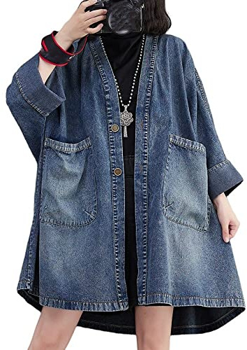 Veste en Jean Femme, Veste en Jean Longue pour Femme Grande Taille Vintage Bleu Manches Longues Boutonnée Veste Veste Laver Délavé Col en V Denim Manteau Printemps Transition Casual Outwear avec