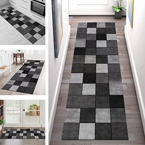 Teppich Läufer Flur Küche rutschfest waschbar Teppichläufer Lang 90X150CM Dunkelgrau Schwarz Küchenläufer Meterware Korridor Tepiche Esszimmer Schlafzimmer Wohnzimmer Schmutzfangmatte Breit 40-120cm