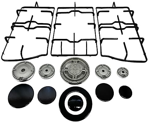 eRicambi®, Juego completo de repuesto Franke Trend, 3 rejillas + 5 hornillos de cocina, con platos y quemadores. Tamaño de la parrilla DX/SX 422x212 (mm) Rejilla central 390x230 (mm)