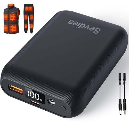 Sevdiea Bateria para Chaleco Calefactable 7.4V 16000mAh, Sevdiea Bateria para Chaleco Calefactable con Pantalla LCD, Cargador Portátil Bateria para Chaleco Calefactable con Puerto USB DC