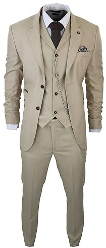 TruClothing.com Herren 3 Teilig Anzug Prinz von Wales Karo Creme Beige Vintage Hochzeit - Creme 58