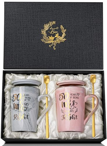 Set di tazze da caffè per il 50° anniversario di nozze - Tazze regalo da 14oz per il 50° anniversario d'oro per coppie, genitori, nonni, nonno, nonna, tazza rosa e grigia con coperchio, biglietto di