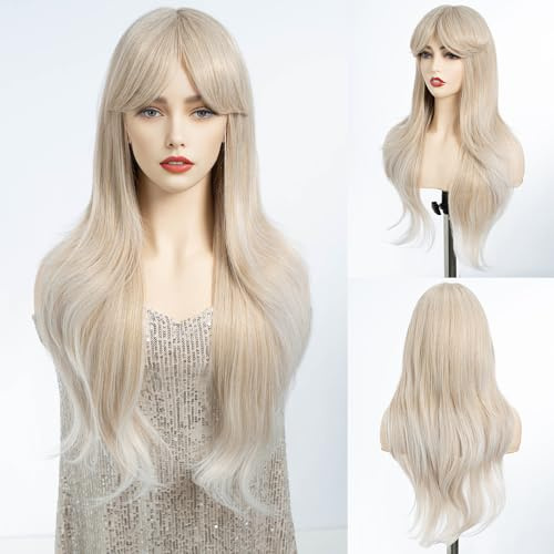 DÉBUT Peluca larga blanca con flecos para mujeres resistente al calor sintético en capas pelucas con reflejos para uso diario de fiesta cosplay (66 cm, T16A/56C)