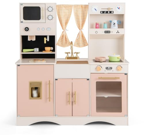 DREAMADE Kinderküche aus Holz mit 16 TLG. Spielzubehör, Kinder Küche Kinderspielküche mit Kaffeemaschine Herd Ofen, Koch Pretend-Spielset Spielküche mit klick-Geräuschen für Kinder ab 3 Jahren (Rosa)