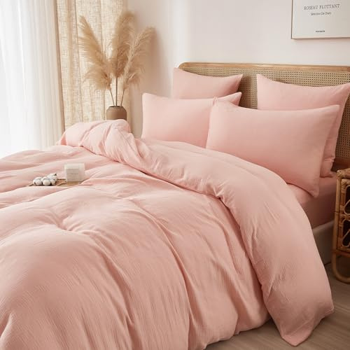 Luofanfei Bettwäsche 135x200 Muslin Baumwolle Rosa Renforce Uni Sommer Kühlende Boho Bettwäsche Set Einfarbig Weiche Bettbezug Knitterlook Bügelfrei mit Reißverschluss und Kissenbezug 80x80cm