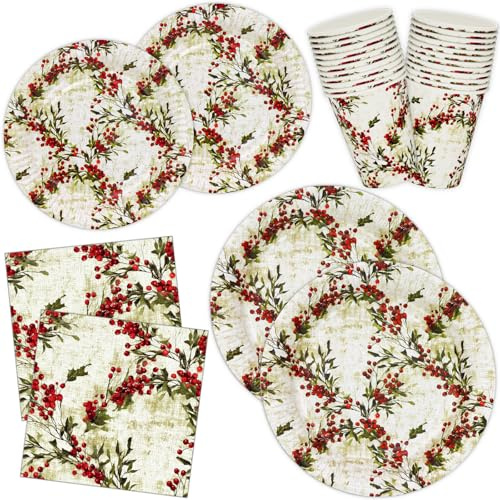 Assiettes de Noël, Baies de houx Lot de 96 Serviettes de table Assiettes à dessert et Gobelets en papier Vaisselle de fête jetables pour Noël