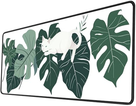 Gaming Tapis de Souris XXL 1200x400x3mm Tapis Souris Chat à Feuilles Blanches Tapis de Souris Gaming Accessoire avec Base Caoutchouc Antidérapant Surface, Imperméable Tapis Bureau, décorer Chambre
