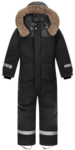L SERVER Tuta da Sci Ragazzo con Cappuccio Impermeabile Antivento Abbigliamento da Sci Ragazza Calda Tute da Neve con Strisce Riflettenti, Nero , 10-11 Anni