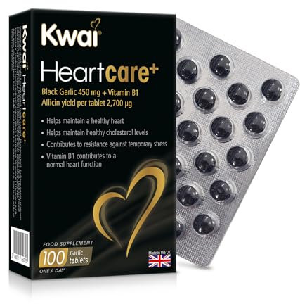 Kwai Heartcare+ Black Garlic 450mg Tablets – 100 Tablets (Pack of 1) – with Vitamin B1 to Support Normal Heart Function – Odourless Fermented Garlic Rich in Antioxidants