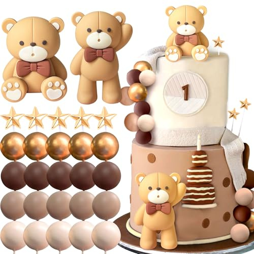 JeVenis Brown Bear Cake Decoration Boho Bears Cake Decoration | Beige Brown Balls Cake Topper Baby Shower Birthday Cake Decorations