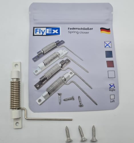 FlyEx Profi Federschließer Zugfeder Rückholfeder Fliegengittertür Schliesser Feder Fliegengitter Fenster Balkontür (Weiß - Rechts)