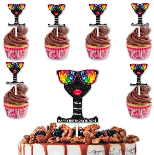 Black Glitter 1pcs Cake Topper 12pcs Dessert Cupcake Topper Cheer to Glasses Red Lip Girls Make up Theme Decoration Women Girls Happy Birthday Anniversary Wedding Party Decor Supplies