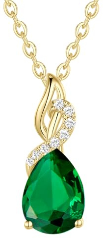 FANCIME Solide 14 Karat 585 Gelb Gold Anhänger Kette mit Tropfen Smaragd und echt 0.28ct Diamant Geschenk Schmuck für Damen, 925 Silber Kette: 40 + 5 cm