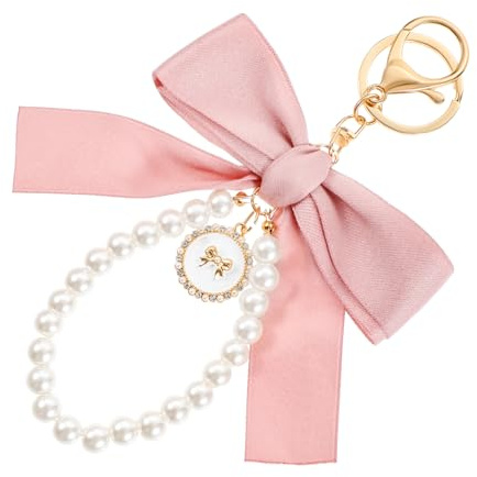 Xinjoduz Schleife Perlen Schlüsselanhänger, Süß Rosa Keychain, Rosa Aesthetic Schlüsselanhänger, Auto Schlüssel Anhänger Armband Zubehör Geschenk für Frauen Mädchen Handtaschen
