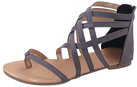 Romerska gladiatorsandaler för damer, platta bandsandaler med dragkedja baktill, metallisk sandalklämma, tå, återhämtning, sandal, öppen tå, boho-tofflor, bekväma mjuka fotbäddsreglage och