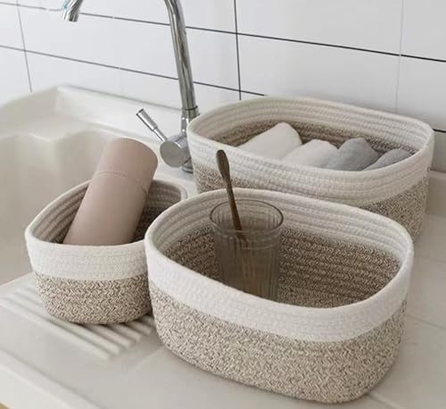 Pykrudo Woven Cotton Rope Storage Basket Set of 3, Toy Basket Storage Baby Storage Organiser Bathroom Storage Baskets for Make up Cupboard Drawer Closet Shelf