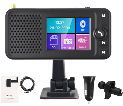 Hikity Adattatore DAB+ per Autoradio Bluetooth 2,4 LCD | Trasmettitore DAB/FM, Ingresso/Uscita Ausiliaria, Caricabatteria per Auto