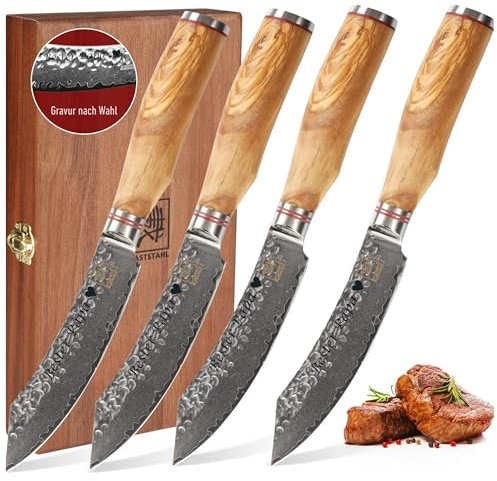 zayiko Minami Steakmesser Set mit Gravur – Personalisiertes 4er Damastmesser-Set mit 12 cm Klingen aus 67 Lagen Damaststahl (VG10-Kern), Hammerschlag, Olivenholzgriff – in Geschenkbox