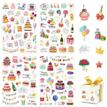 YZROHYI 4 Piezas Pegatinas Cumpleaños,Happy Birthday Stickers Feliz Cumpleaños,Elegantes Pegatinas Album Fotos,Stickers para Botella Impermeable,Pegatina Adhesivas Decorativas,Calcomanias para Movil