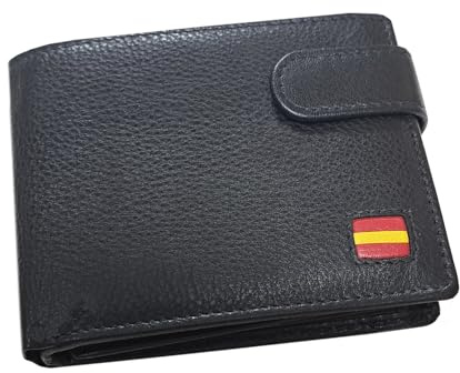 Tiendas LGP - Cartera Billetero Tarjetero Monedero, para Caballero de Color Negro, con Detalle de Bandera de España, Piel de Vacuno, Horizontal