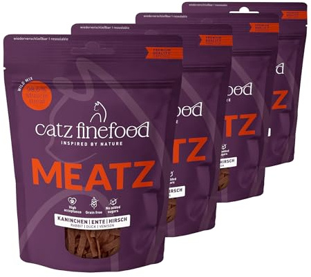catz finefood Meatz kattgodis vild mix – krispiga ränder från speciella köttsorter – kattmellanmål för allergiker utan socker, spannmålsfri (4 x 45 g)