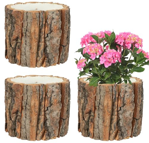 AIHSUMC 3 Pcs Wooden Vase for Centerpieces, 3.9 in Bark Vase Rustic Wooden Bark Flower Pots Country Style Stump Bucket Planter for Woodland Party Wedding Window Home Farmhouse Table Decor