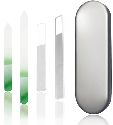 4 PCS Glass Nail File Set, Double-Sided Etched Crystal Nail Files, Nano Glass Nail Buffers, Professional Manicure Tools for Acrylic & Natural Nails, Portable Kit for DIY & Salon Use