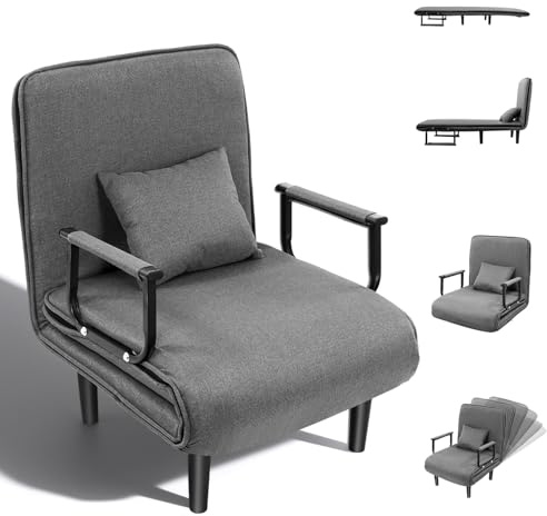 Folding Sofa Bed, 4-in-1 Single Sofa Chair Bed Convertible Sleeper Chair with 6-Position Adjustable Backrest, Pillow, Metal Frame, Leisure Chaise Lounge Couch Recliner Armchair for Living Room Bedroom