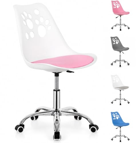 SPRINGOS Sedia da scrivania per bambini, colore bianco e rosa, regolabile in altezza da 6 anni, sedia girevole ergonomica con ruote e imbottitura
