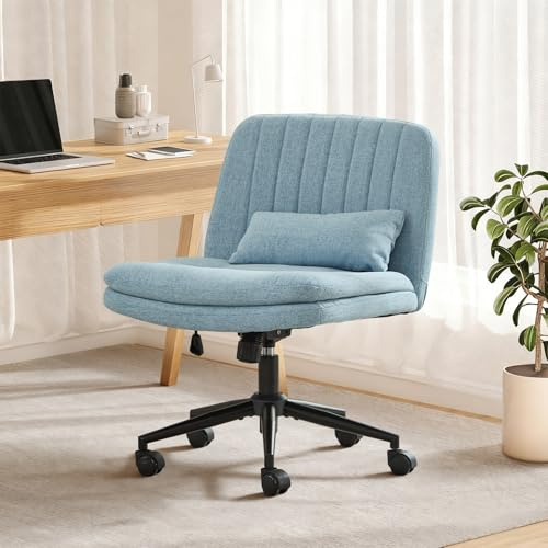 SAMERY Breiter Bürostuhl ohne Armlehnen, Doppellagiger Dicker Schreibtischstuhl Schneidersitz Stuhl mit Rollen, Höhenverstellbar Drehstuhl Computerstuhl Home Office Stuhl (Blau, Mit Rädern)