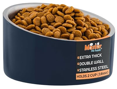 Master Pet Supply Stainless Steel Slanted Dog Cat Food Bowl 16 oz Navy Blue