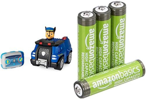 Paw Patrol Chase RC, auto polizia, 3+ anni, & Batterie AAA Ricaricabili Amazon Basics 4 pz, 850mAh