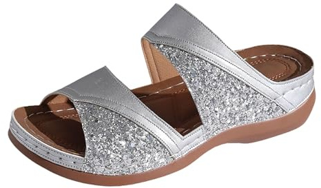 Ortopediska damsandaler, sommar, träskor & sandaletter för kvinnor, läder, paljetter, damsandaler, strass, glitter, sandaler, utomhus, kilsandaletter, slip-on, trekkingsandaler, silver, 37 EU