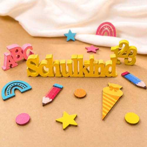 Einschulung Deko 66 Stück Holz Streudeko Schulanfang Tischdeko mit Schulkind 123 ABC Schultüte Bleistift Regenbogen Stern Konfetti für Einschulungsfeier Jungen Mädchen