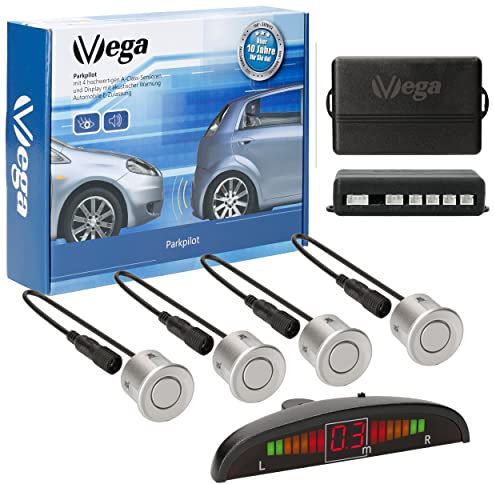 VSG24 Premium Einparkhilfe VORNE mit Display zum nachrüsten am Auto, PDC Parksensoren hinten mit Stecksystem für einfachste Montage - 4 Rückfahrwarner Sensoren Parkhilfe Nachrüstsatz Silber