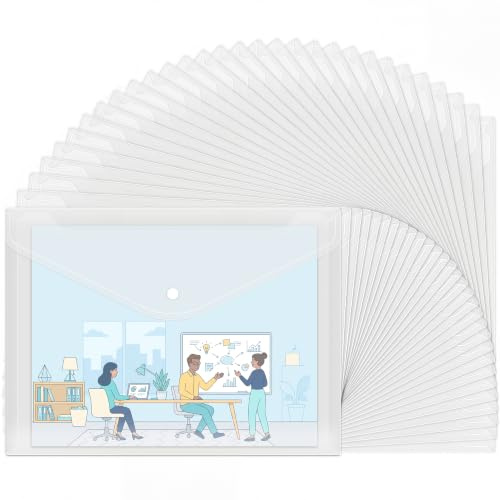 EOOUT 30pcs Plastic Envelopes, Clear Reusable Poly Envelope Waterproof File Folder with Snap Button, US Letter, A4 Size, for School Office Supplies